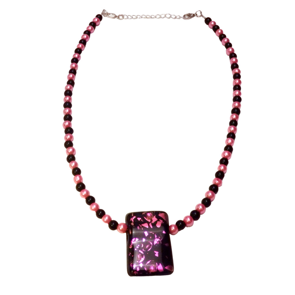 Pink and Black Beaded Necklace and Pendant 1334